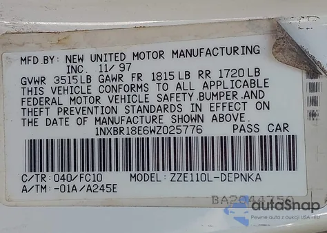 1998 Toyota Corolla Le from USA, damaged, VIN 1NXBR18E6WZ025776